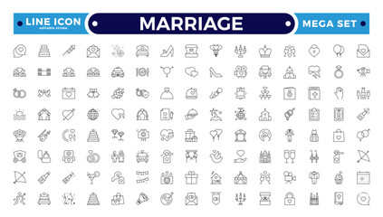 Marriage Outline Icon Set – Wedding, Love and Celebration Line Symbols. Bride, groom, lovers, wedding rings, wedding car, cake. Editable stroke outline icon.
