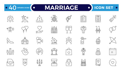 Marriage Outline Icon Set – Wedding, Love and Celebration Line Symbols. Bride, groom, lovers, wedding rings, wedding car, cake. Editable stroke outline icon.
