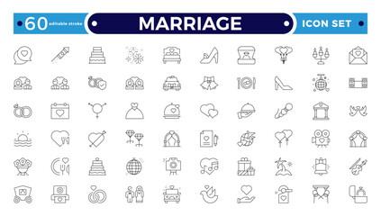 Marriage Outline Icon Set – Wedding, Love and Celebration Line Symbols. Bride, groom, lovers, wedding rings, wedding car, cake. Editable stroke outline icon.
