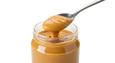 Spoon Scooping Honey from Glass Jar on White Background