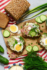 Danish Open-Faced Sandwich with herring on slices of rye bread.top veiw