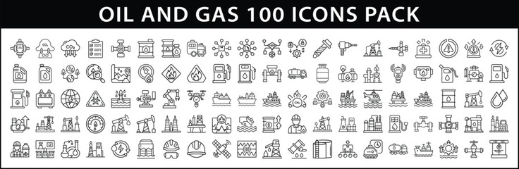 Oil and Gas Industry Line Icon Set - Vector line icon pack featuring 100 oil and gas industry-related symbols, ideal for infographics, UI design, and energy presentations.
