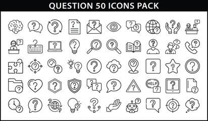 Question and Help Line Icon Set Pack - Vector icon set featuring 50 question and help-related symbols, perfect for support systems, FAQs, UX interfaces, and guidance tools.
