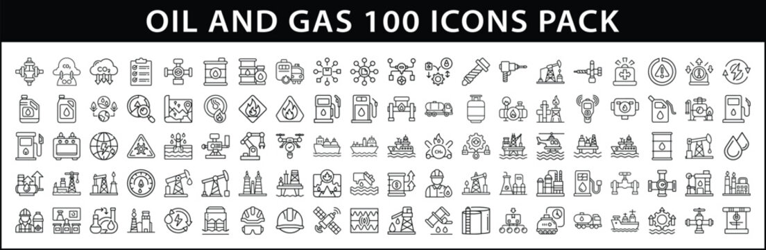 Oil and Gas Industry Line Icon Set - Vector line icon pack featuring 100 oil and gas industry-related symbols, ideal for infographics, UI design, and energy presentations.
