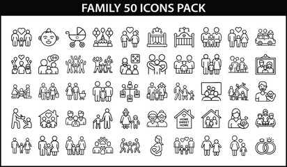 Family Life Icons Set for Parenting and Relationships - Vector line icon pack with 50 family-themed illustrations, including parents, children, love, home, relationships, pregnancy, and grandparents.