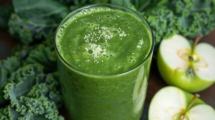 Fototapeta premium Fresh green smoothie with spinach kale and apple white background vegan detox drink