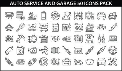 Auto Service and Garage Icons for Vehicle Maintenance - Vector line icon pack of 50 auto service and garage-related illustrations including tools, repairs, fluids, diagnostics, parts, and mechanics.