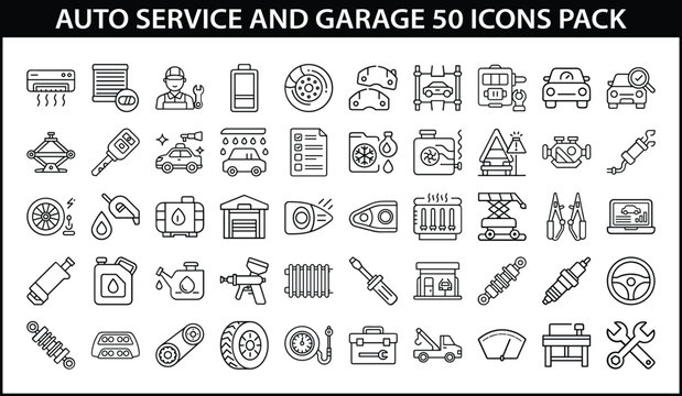 Auto Service and Garage Icons for Vehicle Maintenance - Vector line icon pack of 50 auto service and garage-related illustrations including tools, repairs, fluids, diagnostics, parts, and mechanics.