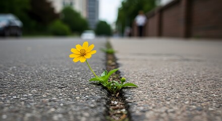 Resilient flower growing through urban crack