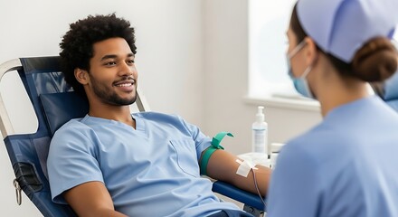 A well-lit, uplifting image of a young mixed-race man donating blood. He appears relaxed and smiling softly at the nurse. The focus is on the act of solidarity.