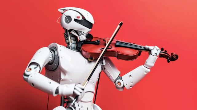 A humanoid robot masterfully plays a violin, showcasing the blend of technology and music. The image highlights the intricate details of the robot in a striking red backdrop.