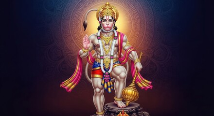 Fototapeta premium Lord Hanuman Ji 4K HD Desktop Wallpaper | Hanuman Ji Divine Animated Background 16:9 | Hanuman Jayanti Spiritual Wallpaper for PC