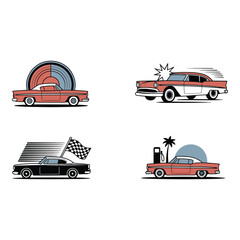 Obraz premium Illustrations of classic cars with retro design elements on white