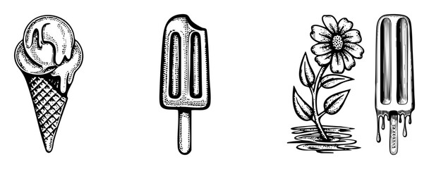 Vector Four vintage-style summer treats illustrations depict an ice cream cone two popsicles and a flower.