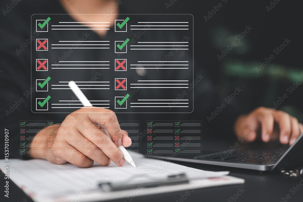 Poster Businessman checking the steps through document with a list of checkboxes, regulation, Concepts of practices and policies,