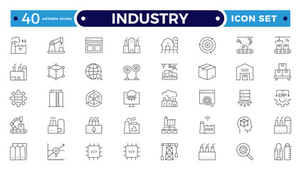 Industry Outline icon. Technology, finance, healthcare, automotive, energy, retail, construction, hospitality, tourism, education, Oil, gas, refinery, petroleum. Editable stroke outline icon.