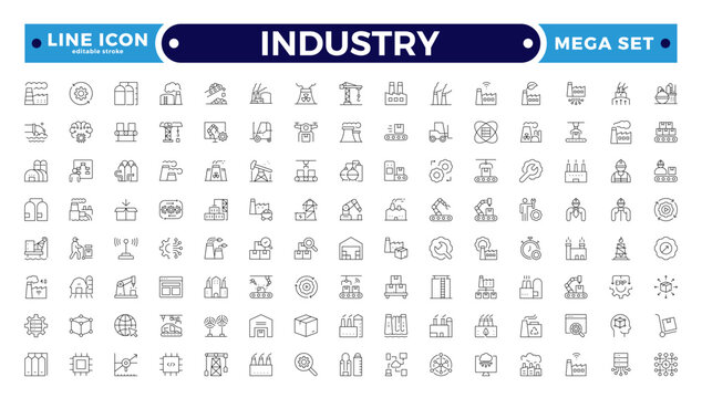 Industry Outline icon. Technology, finance, healthcare, automotive, energy, retail, construction, hospitality, tourism, education, Oil, gas, refinery, petroleum. Editable stroke outline icon.