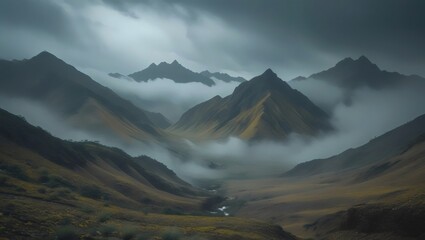 Misty Mountain Valley: Dramatic Cloud-Filled Landscape with Rugged Peaks
