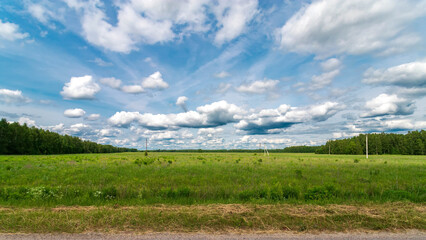 Beautiful natural scenic panorama green field of grass and lupines flowers into and blue sky with clouds on horizon. Perfect green grass and road on summer sunny day.