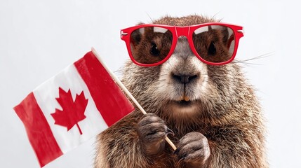 Cute beaver holding a Canadian flag and wearing bright red sunglasses, standing proudly against a clean white background.