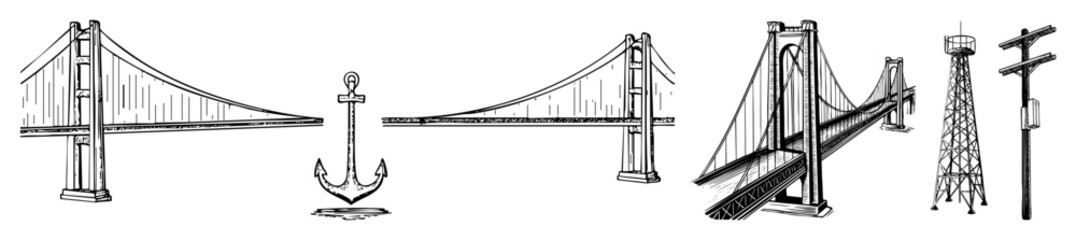 Vector Detailed illustrations of bridge structures an anchor and railway crossing signs.