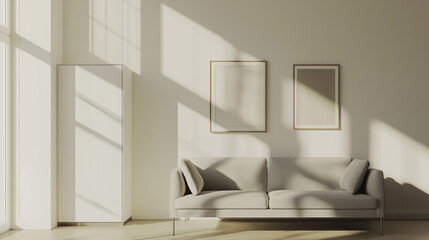 Grey settee near white cupboard in minimal living room