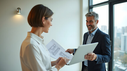 Obraz premium A smiling middle-aged Caucasian man discusses architectural plans with a young Caucasian woman in a modern office setting.