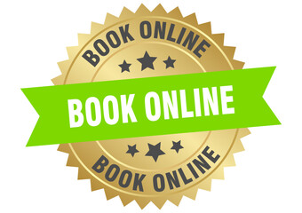 book online. book online round green and gold label isolated on transparent background