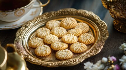 Golden Tray of Eid Cookies and Tea, Generative Ai
