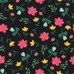 Night garden flowers seamless pattern. Floral vector surface design of Scandinavian pink yellow flowers and leaves