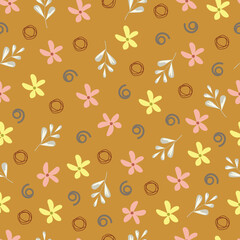 Scandinavian flowers, leaves and spirals floral vector seamless surface pattern design