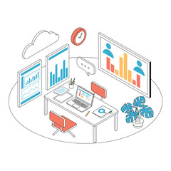 Obraz premium Isometric office workplace with data charts and cloud storage concept