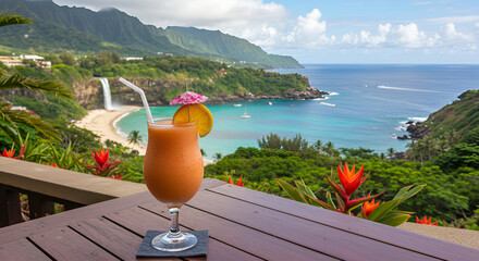 lemonade in a mason jar on vintage wooden table, cozy terrace view, lush meadow, waterfall and white beach far below, warm golden hour light