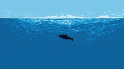 Fototapeta premium Ocean's Depths: Dive into the mysterious ocean with a single fish swimming beneath the surface of clear, blue water. Capturing the beauty of marine life.