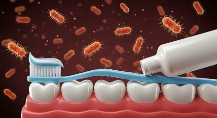 Toothbrush applying toothpaste with bacteria graphic