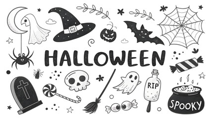 Hand-drawn Halloween doodle set with ghost, witch hat, and pumpkin; a cute black and white collection for holiday decoration.