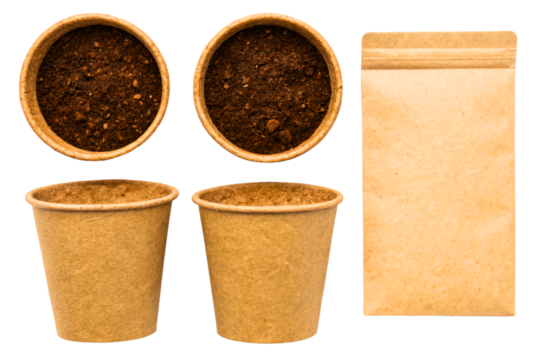 Biodegradable plant pots with soil and a seed packet isolated with transparent background