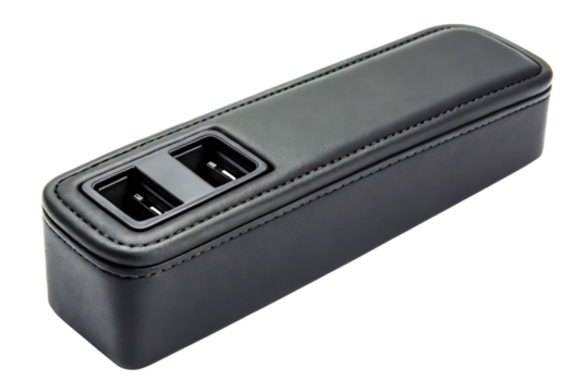 Black rectangular upholstered panel with two control slots isolated with transparent background