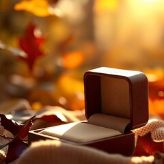 An empty ring box bathed in warm autumn light. Colors are earthy and cozy, with a focus on fine details and textures. Intended for a sophisticated advertising