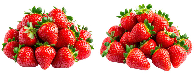 Fresh Ripe Strawberries with Green Leaves, Isolated on Transparent Background PNG