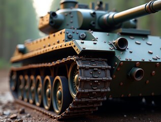 A tank's side profile, emphasizing the armored plating and riveted details, ultra-realistic lighting and texture