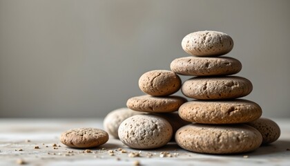 high quality, abstract composition of stacked rounded objects with subtle textures, set against a blurred, calming background.