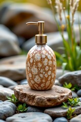 high quality, stylized image of a textured soap pump in earthy tones, placed on stacked stones with sparse greenery, against a soft, blurred environmental backdrop.