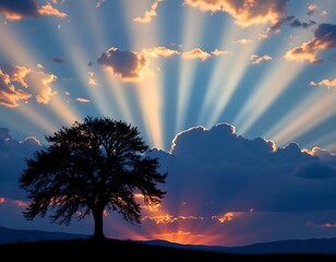 high quality, silhouetted tree on horizon at twilight art prompt: light beams through dark clouds, creating celestial display above tree silhouette at bottom