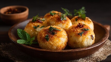 Golden rice balls with herbs plated in warm light