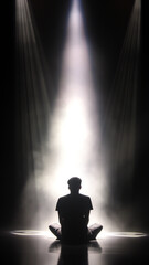A dark man figure sits in bright light. The person is doing yoga or meditating in the beams of light.