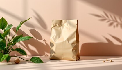 high quality, contemporary digital render of a paper bag with leaves, smooth gradients, soft shadows, minimalist aesthetic