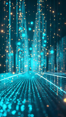 Blue lights descend and illuminate a surface. Points of light appear to glow in the dark space above and below the lines.