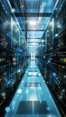Servers fill the long corridor with blinking lights and blue lines showing data flow throughout the system during an unknown process.
