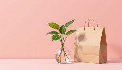 high quality, minimalist digital illustration of a leafy plant in a clear vase and a paper bag, soft pastel background, simple shapes.